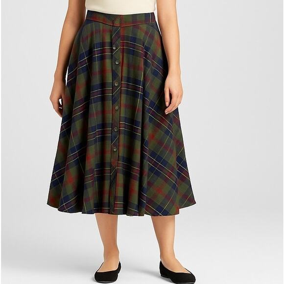 ModCloth x Collectif Plaid Midi Skirt Tartan Button Front XS 4 - Picture 1 of 8